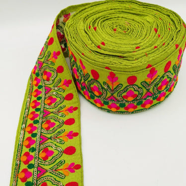 Green Fabric Trim With Green, Fuchsia Pink, Red And Yellow Embroidery and Gold Sequins
